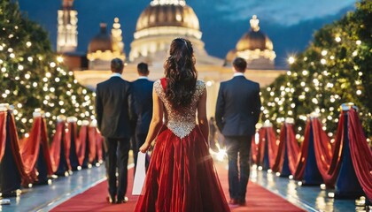 Obraz premium back view of Celebrity nominees arrive for the premiere. Stars in gorgeous evening gowns arrive to the red carpet for the festive awards ceremony