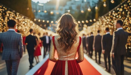 back view of Celebrity nominees arrive for the premiere. Stars in gorgeous evening gowns arrive to the red carpet for the festive awards ceremony