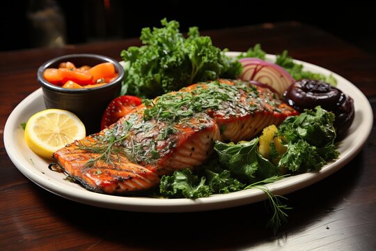 Delicious salmon steak grilled to perfection, topped with herbed butter and served with a colorful side salad of wild greens.