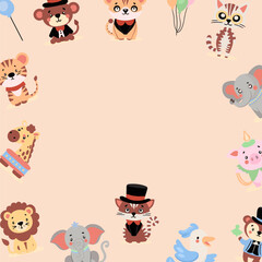 Vector illustration of cute and colorful circus animal set. Cute circus animals and clown character design.