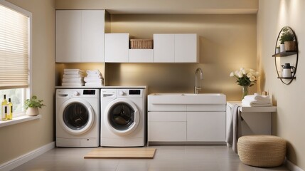 A Beautiful laundry room with long narrow space, washing machine in the kitchen
