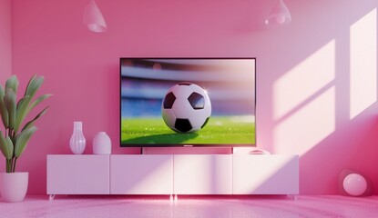  A sleek modern TV set in an empty room, with the focus on its large screen displaying football match graphics