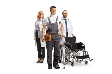 Doctors and an injured worker with a neck injury standing with a crutch