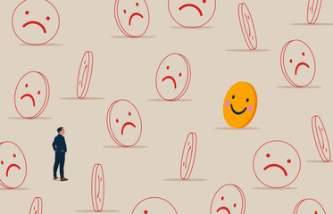 Smart businessman decides business, finding new smiling face emoji. Opportunities, decisions, new ideas. Vector illustration concept.