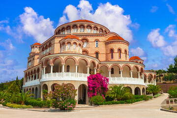 Greece travel and landmarks. Saronics island Aegina (Egina) . impressive orthodox Agios Nektarios monastery and church - 746725354