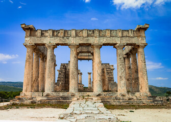 Greece travel and landmarks . antique temple of Orfeas in Aegina island, the prototipe of Acropolis. Saronics gulf - 746725501
