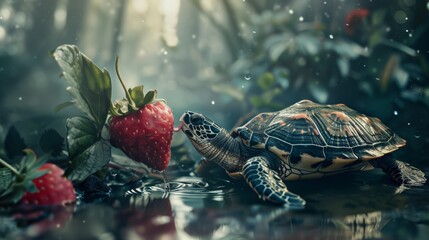 a turtle eating a strawberry  - obrazy, fototapety, plakaty