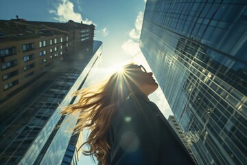 Beautiful caucasian Businesswoman under Sun, city downtown. Bottom view of an attractive freelancer woman, business person, entrepreneur on the background of urban modern corporate high-rise buildings