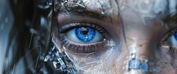 Futuristic Cybernetic Organism with Detailed Blue Eyes Close-Up