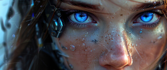 Futuristic Woman with Cybernetic Eye and Wet Face Close-Up