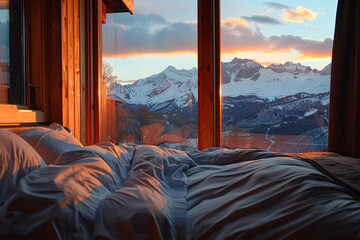 Open eco-lodge hotel room with mountain view at sundown - obrazy, fototapety, plakaty
