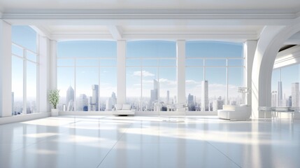 Bright and Spacious White Interior with Cityscape Views. Large, empty room hall with high ceiling and beautiful view of city outside. The room filled numerous panoramic windows, high key, low contrast