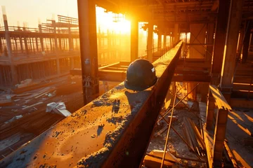Fotobehang A breathtaking sunrise illuminates an under-construction building, casting a golden glow over the skeletal structure and the scattered construction materials around the site. © Hanzala