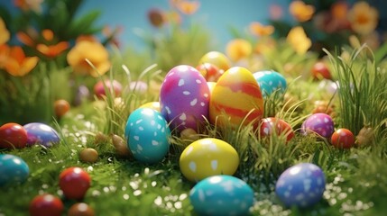 Fototapeta na wymiar Beautiful easter decoration and painted colorful easter eggs in beautiful nature landscape in spring. Easter eggs on the fresh green meadow. Easter hunt concept