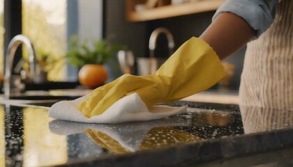 A woman's hand in a yellow protective glove wipes the kitchen counter with a white cloth. Kitchen cleaning concept  - obrazy, fototapety, plakaty