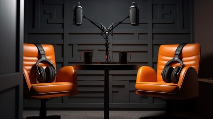 Podcast recording room - two chairs and two microphones, photorealistic scenes, details, 8K, --ar