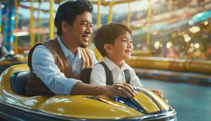 Cheerful father and son and have fun while driving a bumper car in an amusement park. close up 