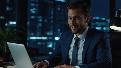 Late at Night in Private Office Male Businessman Works on a Laptop Computer, He Look at the Camera with Smile, Data Protection Engineering Network for Cyber Security