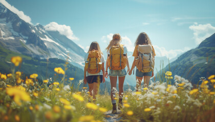 Three female trekkers group holding hands with backpacks on green mountain hill enjoying picturesque mountains landscape. Active sporty people, friendship and mountains concept. - obrazy, fototapety, plakaty