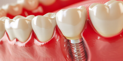 Close up of dental teeth implant. Medically accurate 3D illustration of dental implants concept. 3D rendering.