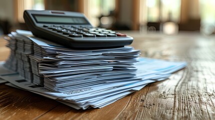 A close-up of a calculator and a neat stack of financial documents, symbolizing precision and accu - obrazy, fototapety, plakaty