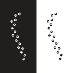 Paw vector foot trail print of cat. Dog, puppy silhouette animal diagonal tracks for t-shirts, backgrounds, patterns, websites, showcases design, greeting cards, child prints and etc.
