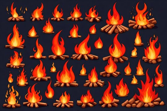 Cartoon campfire. Fire flames, bright fireball, heat wildfire and red hot bonfire, campfire, red fiery flames isolated vector illustration set. Animated form and square, fireball and flame.