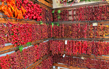 Exotic chilli stall at Mercado dos Lavradores, Funchal, Madeira island, Portugal, Europe. Display...