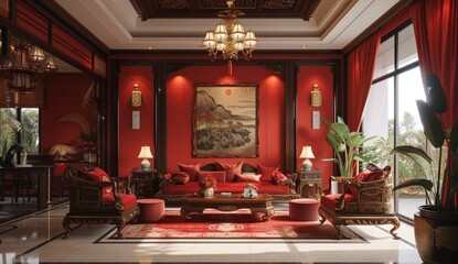 Fototapeta na wymiar A living room with red walls, sofa and armchairs surrounded by oriental paintings on the wall, carpeted floor, dark wood coffee table in front