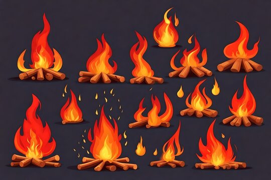 Cartoon campfire. Fire flames, bright fireball, heat wildfire and red hot bonfire, campfire, red fiery flames isolated vector illustration set. Animated form and square, fireball and flame.