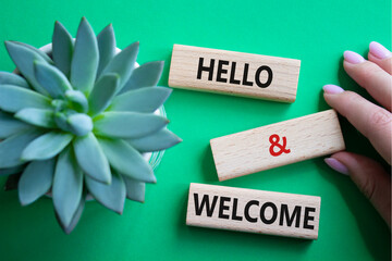 Hello and Welcome symbol. Concept words Hello and Welcome on wooden blocks. Beautiful green...