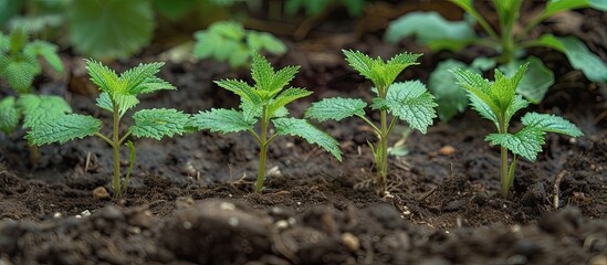 A group of small green plants, identified as young stinging nettle, is growing vigorously in the dirt, overtaking the garden and defeating weeds in a botanical battle for space and nutrients. - obrazy, fototapety, plakaty