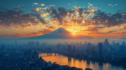 Aerial Photography of Tokyo Skyline with Fuji mountain in Background