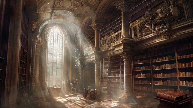 An ancient library filled with magical books, glowing orbs, and mystical artifacts. Shelves reach up to a high, vaulted ceiling, with soft light filtering through stained glass windows. Resplendent.
