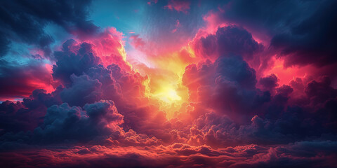 Warm and cool evening dramatic cloudscape. Puffy vivid sky - obrazy, fototapety, plakaty