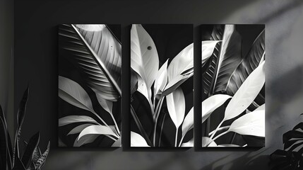 A set of canvases with an abstract foliage in white and black. Plant art design