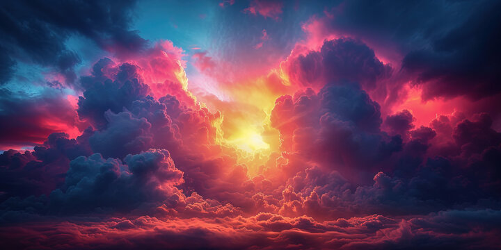 Warm and cool evening dramatic cloudscape. Puffy vivid sky