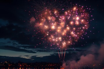 A breathtaking moment captured, with fireworks forming a sparkling heart in the sky, spreading love...