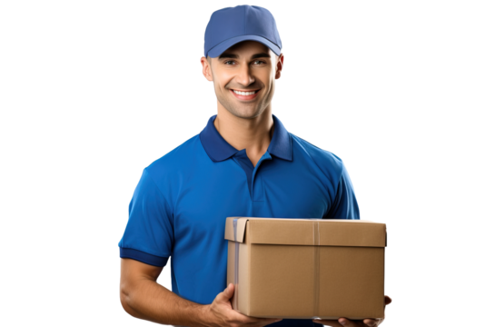 Delivery man in a t-shirt and blue cap delivers a package. Transparent Background