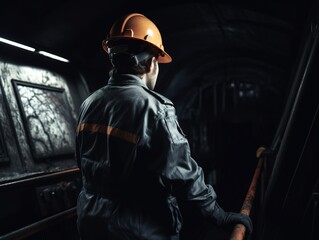 Fototapeta premium Engineer in coal mine, monitoring mining, view from behind