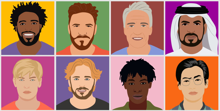 Set of multiethnic multiracial men avatars for social media networks. Diverse male cartoon characters vector illustrations isolated on colorful background. Head portraits, Modern profile pictures.