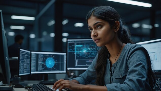 Young Indian Female Software Developer Working in Technological Start-Up Office, South Asian Specialist Programming Monitoring Solutions, VFX Hologram Edit Visualizing Coding Interface, Opened Windows