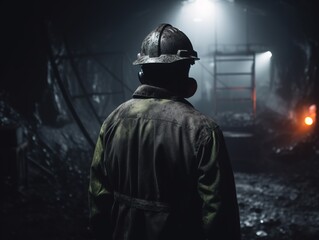 Engineer in coal mine, monitoring mining, view from behind - obrazy, fototapety, plakaty