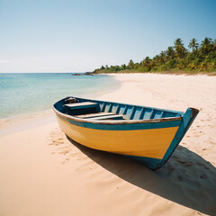 A wooden boat peacefully sits atop a sandy white beach, illuminated by warm sunlight. The calm reflection of the tranquil ocean creates a serene and beautiful scene. The secluded beach with its bright