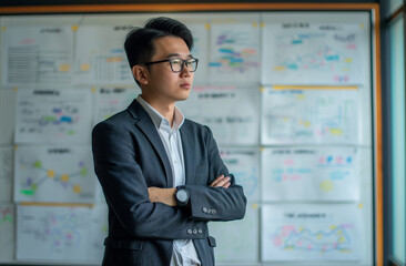Asian Businessman Planning Strategy with Flowcharts. Confident Asian businessman with arms crossed standing in front of a whiteboard covered in flowcharts and business strategies concept.