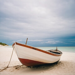 Fototapeta premium A wooden boat peacefully sits atop a sandy white beach, illuminated by warm sunlight. The calm reflection of the tranquil ocean creates a serene and beautiful scene. The secluded beach with its bright