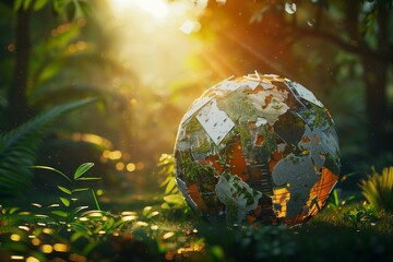 A captivating image of a gently spinning globe, crafted entirely from recycled materials, set against the backdrop of a lush, green forest
