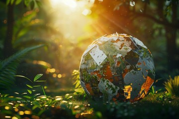 A captivating image of a gently spinning globe, crafted entirely from recycled materials, set against the backdrop of a lush, green forest - Powered by Adobe