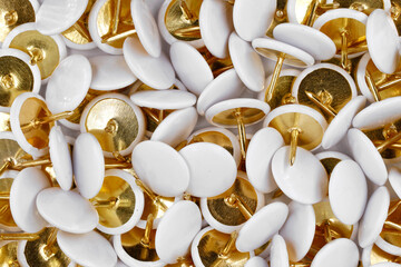 close up of golden thumb tacks with white cap, group of push pins top view