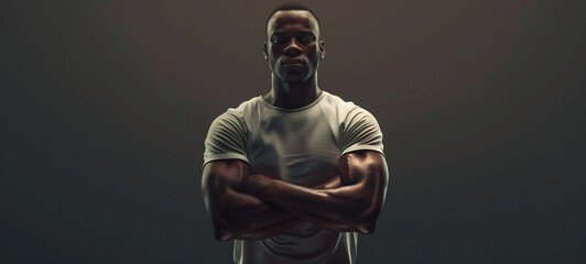A man stands with arms folded, striking a confident pose against a dark backdrop - obrazy, fototapety, plakaty